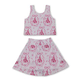 Pink striped crop top and bow skirt set for girls, summer active wear by Mini Rodeo, featuring short sleeves and playful style.