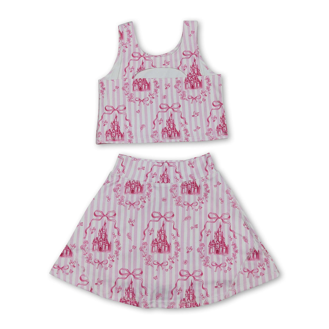Pink stripe crop top and bow skirt set for girls, summer active wear by Mini Rodeo, featuring short sleeves and playful design.