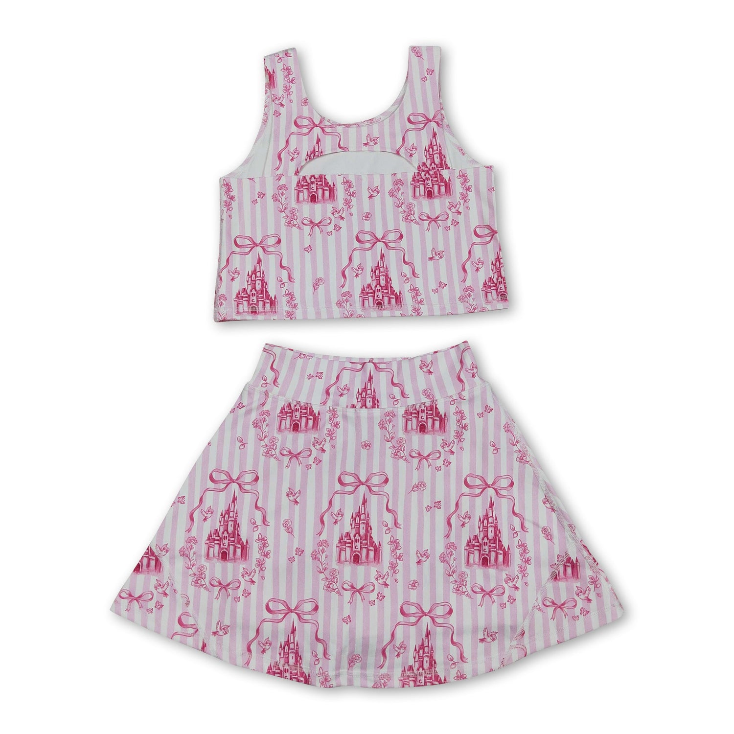 Pink stripe castle crop top bow skirt girls summer active set