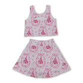 Pink stripe crop top and bow skirt set for girls, summer active wear by Mini Rodeo, featuring short sleeves and playful design.