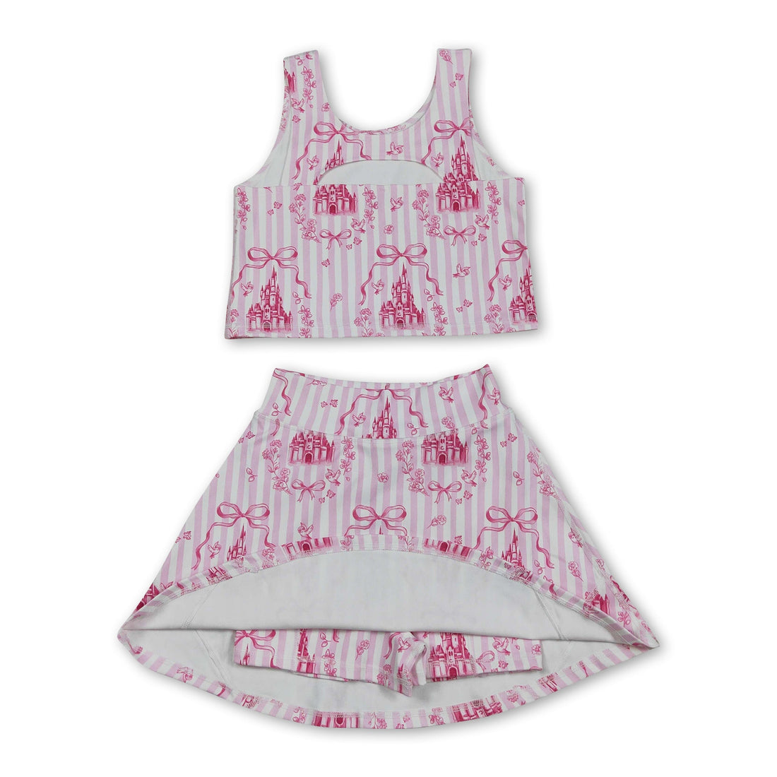 Pink striped castle crop top and bow skirt set for girls, Mini Rodeo summer short-sleeves outfit with playful style.