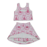 Pink striped castle crop top and bow skirt set for girls, Mini Rodeo summer short-sleeves outfit with playful style.