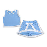 Light blue and white sleeveless top and skirt set for girls by Mini Rodeo, featuring a stylish short sleeves design.