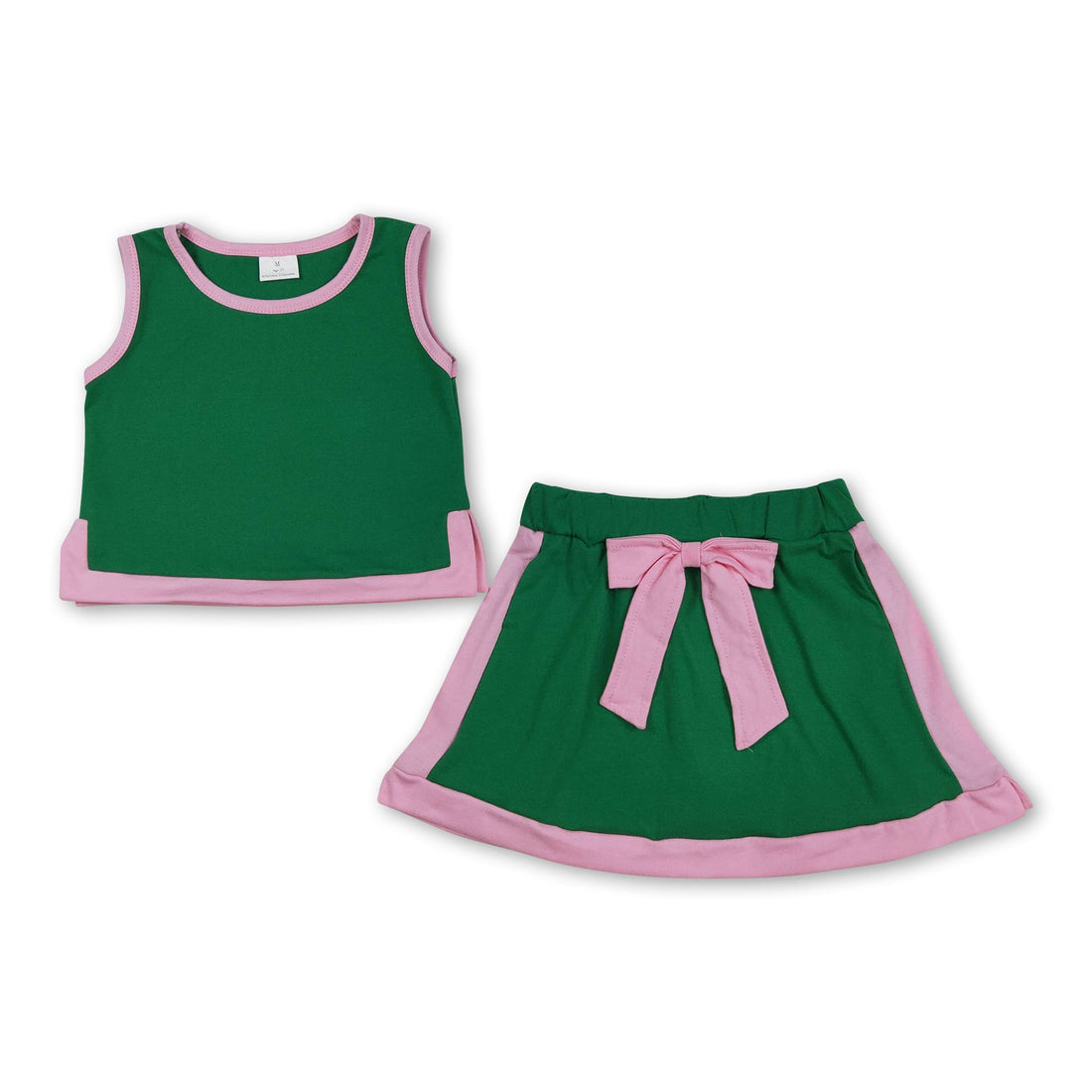 Green cotton sleeveless girl top and skort set by Mini Rodeo, casual summer outfit for kids with short sleeves and playful style.