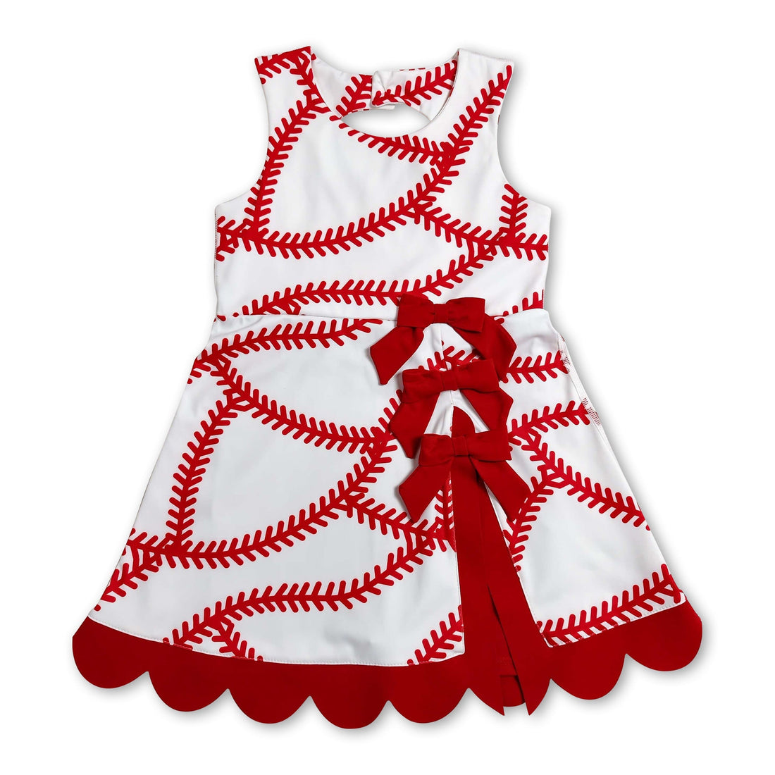 Red sleeveless scallop baseball dress for girls by Mini Rodeo, showing a bright athletic short-sleeve kids&