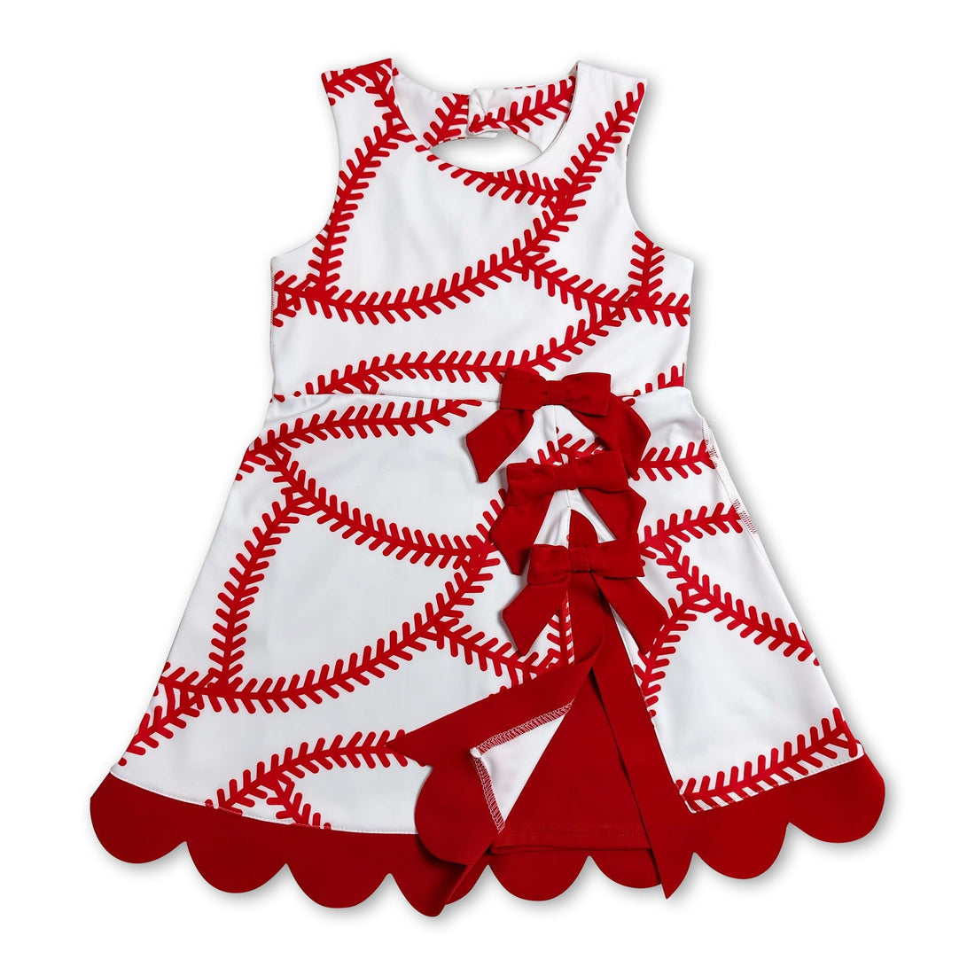 Kids girls sleeveless red scallop baseball dress by Mini Rodeo, featuring a short sleeve athletic design with scalloped details.
