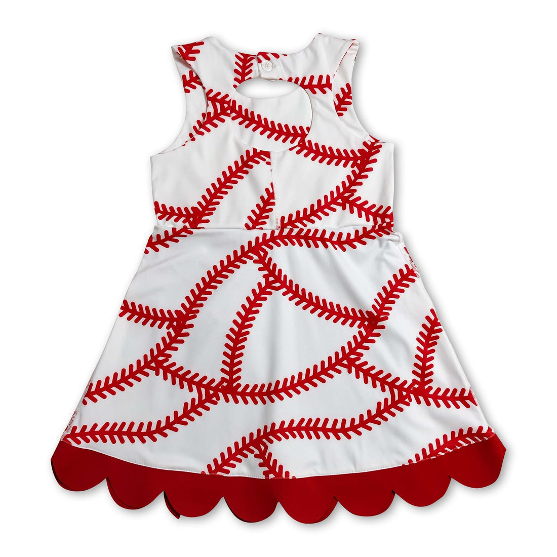 Red scallop sleeveless baseball dress for girls by Mini Rodeo, featuring a sporty short-sleeve design for kids.