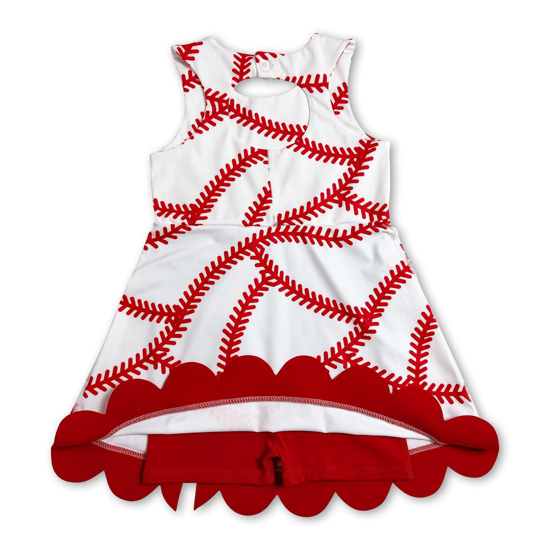 Red sleeveless scallop baseball dress for girls by Mini Rodeo, featuring a sporty short sleeve design with a fun, athletic style.
