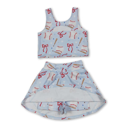 Sleeveless baseball bow kids girls summer activewear set