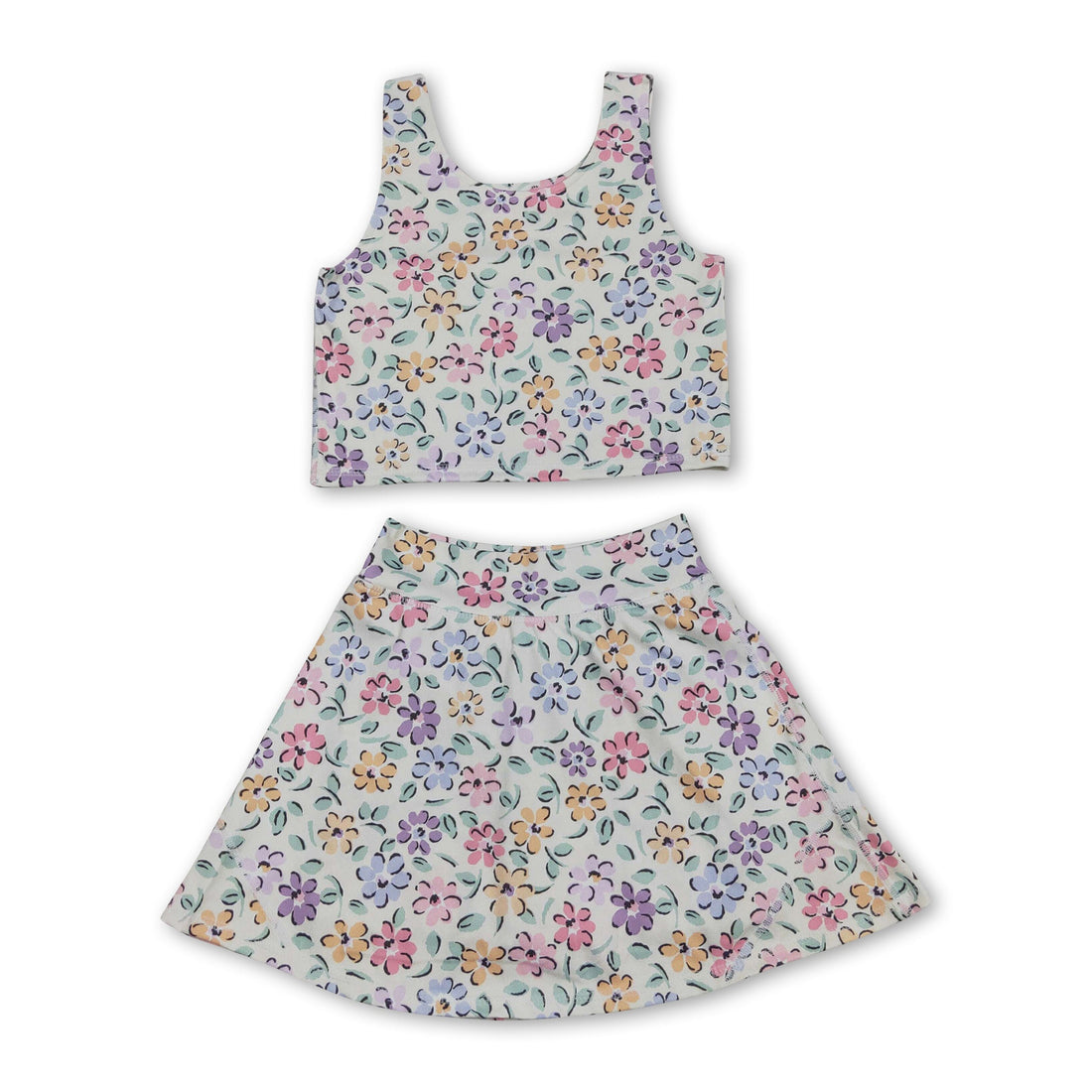 Kids girls sleeveless floral summer activewear set with short sleeves top and skirt by Mini Rodeo, perfect for warm weather.