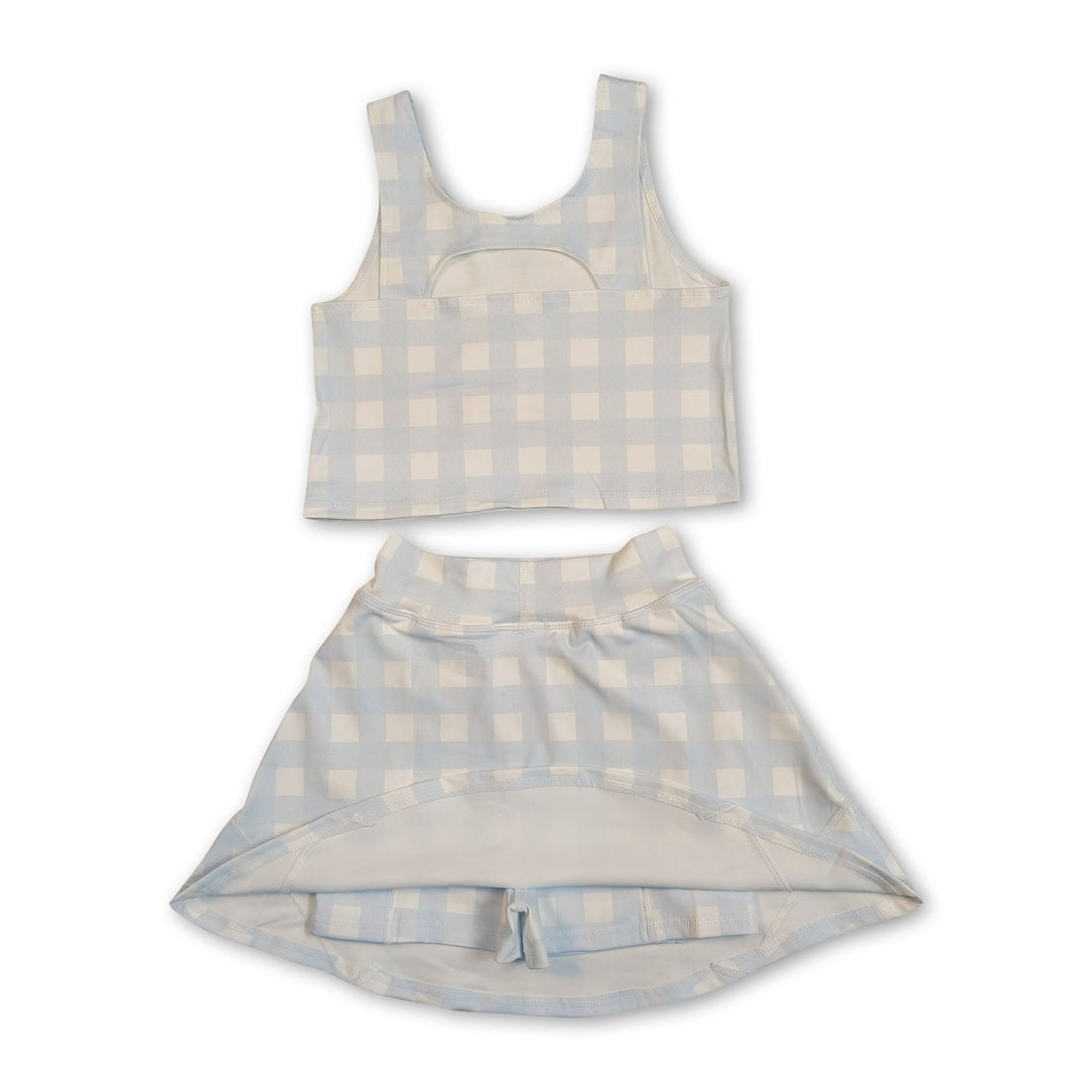 Kids girls sleeveless sky blue plaid crop top and skirt set by Mini Rodeo, perfect for activewear and casual wear.