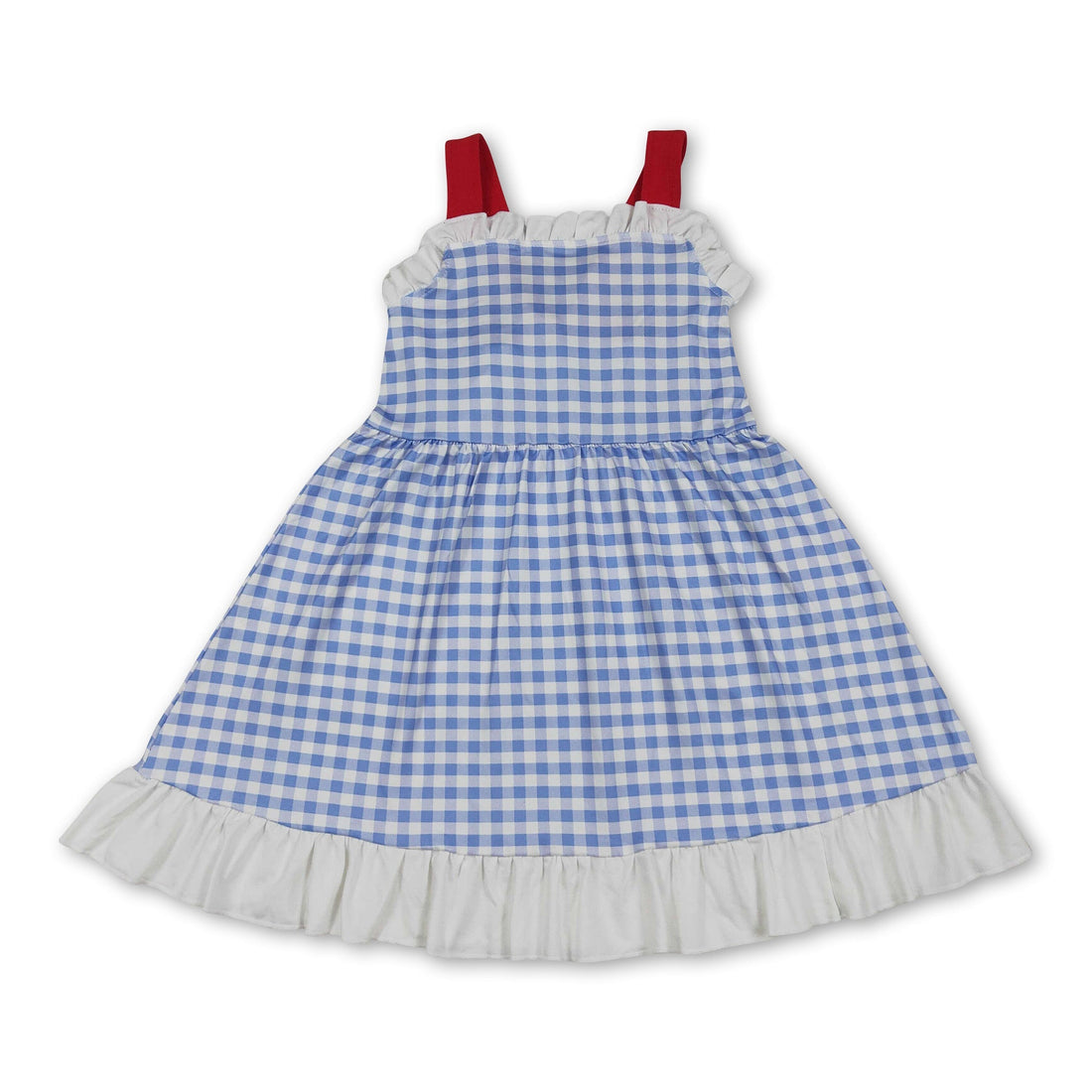 White ruffle plaid short sleeve summer dress for girls by Mini Rodeo, featuring straps and a charming, playful design.