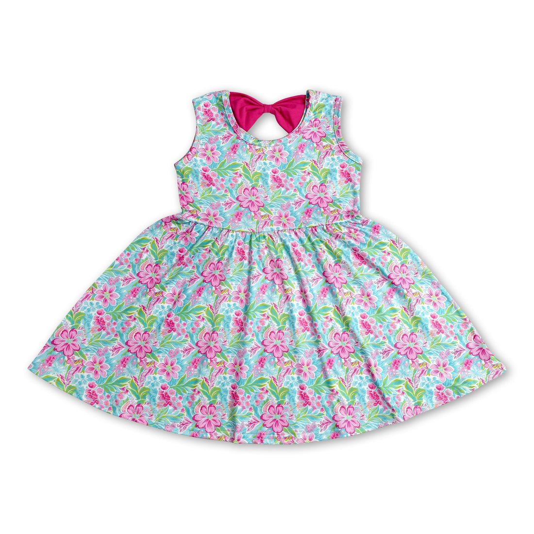 Pink floral sleeveless summer dress for girls by Mini Rodeo, featuring a bow and short sleeves, perfect for warm weather.