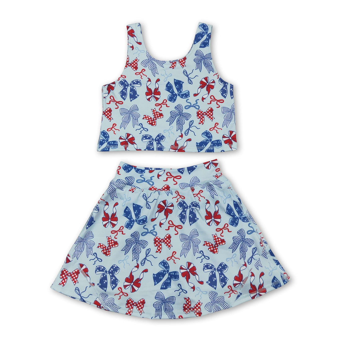 Girls red and blue bow top and skirt set by Mini Rodeo, short sleeves, perfect for 4th of July active wear and casual summer days.