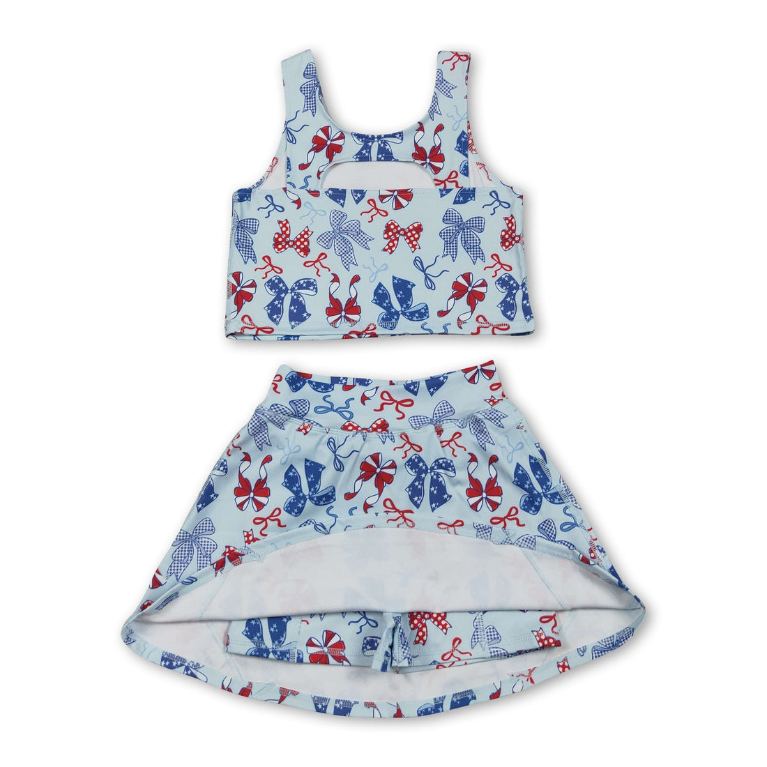 Red and blue bow top with matching skirt set for girls, 4th of July active wear from Mini Rodeo, short sleeves and playful style.