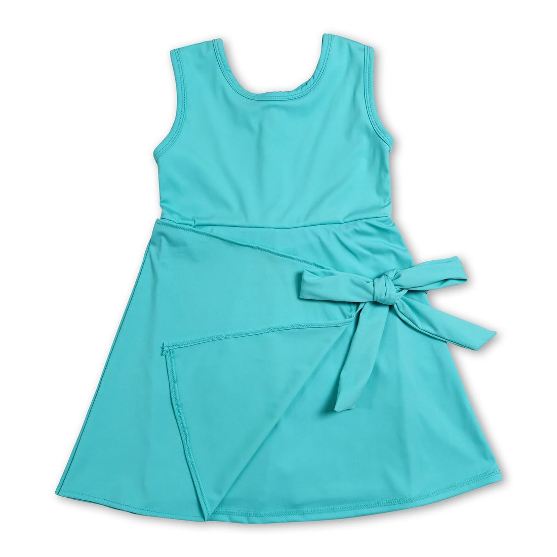 Solid sleeveless bow dress for girls by Mini Rodeo, featuring a short sleeve athletic style with a cute bow detail.