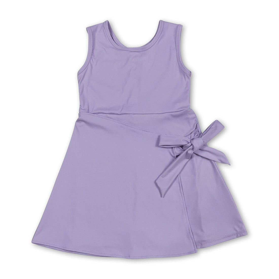 Lavender sleeveless athletic dress for girls by Mini Rodeo, featuring a bow and short sleeves, perfect for active kids.