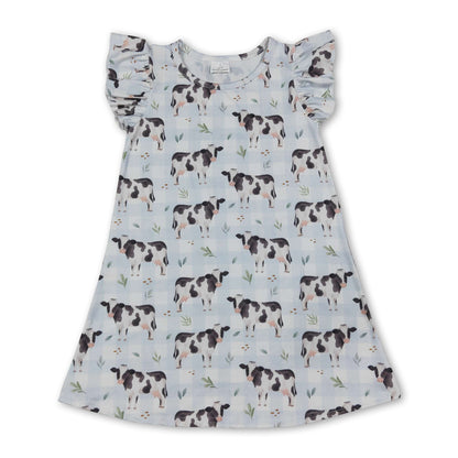 Flutter sleeves light blue plaid cow baby girls farm dress