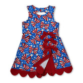 Mini Rodeo sleeveless striped star bow girls 4th of July athletic dress with short sleeves and patriotic star pattern.