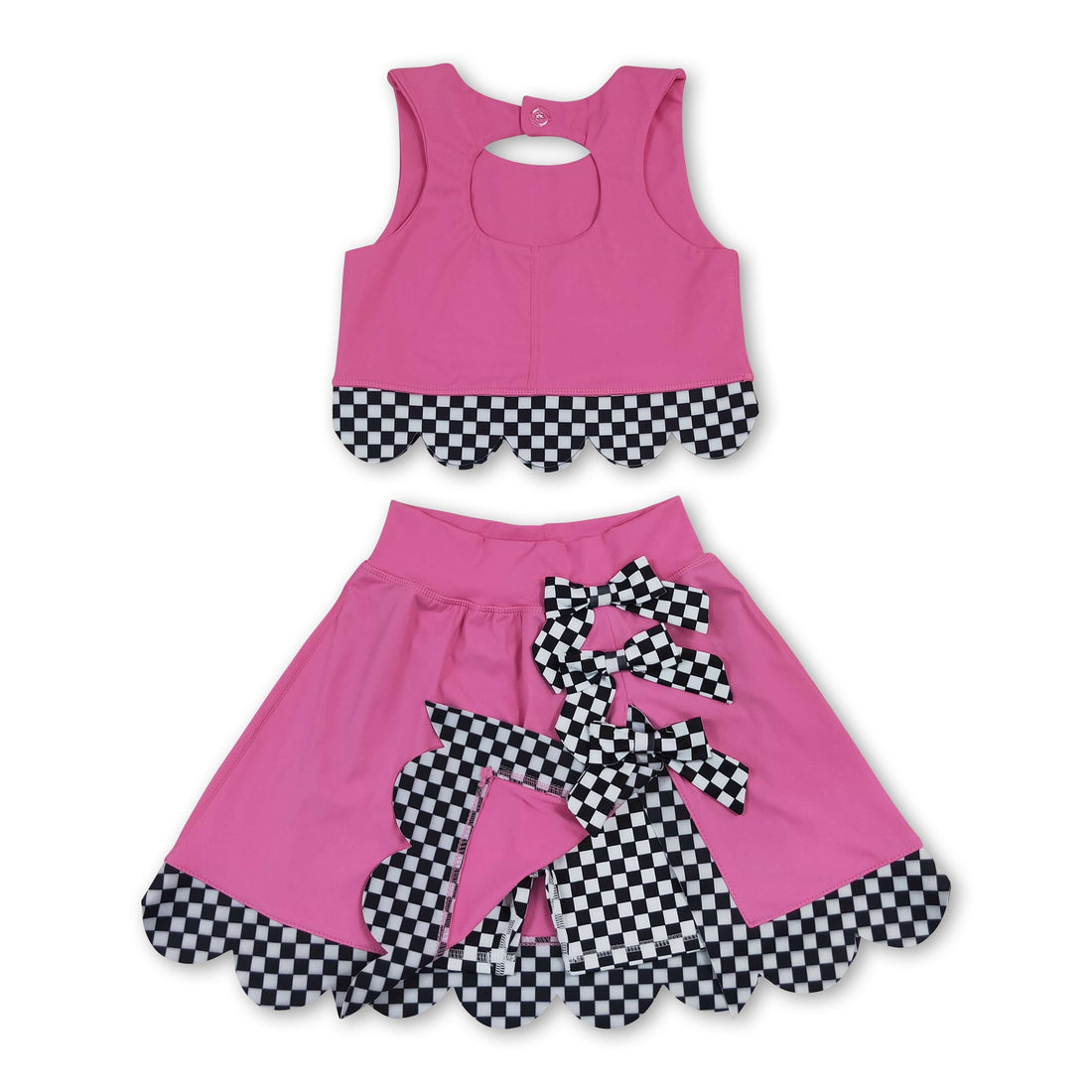 Mini Rodeo girls sleeveless plaid scallop hot pink top and skirt active wear set, featuring short sleeves and stylish design.