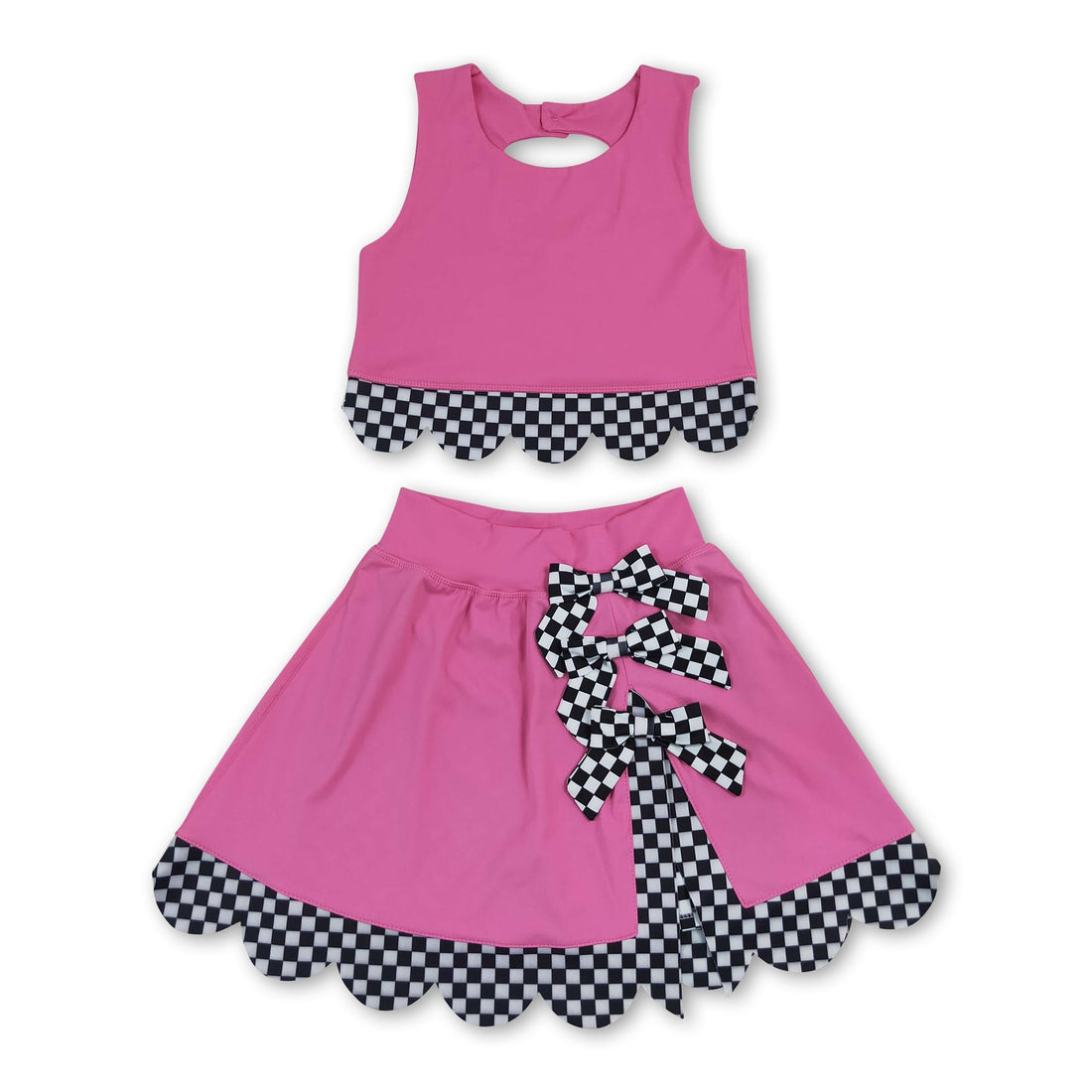 Mini Rodeo girl sleeveless plaid scallop hot pink top and skirt active wear set, featuring short sleeves and stylish design.