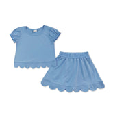 Light blue girl short sleeves scallop top and skirt summer set by Mini Rodeo, featuring a cute scalloped design and comfortable fit.