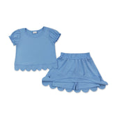 Light blue girl short sleeves scallop top and skirt summer set by Mini Rodeo, featuring a stylish scalloped hem and comfortable fit.