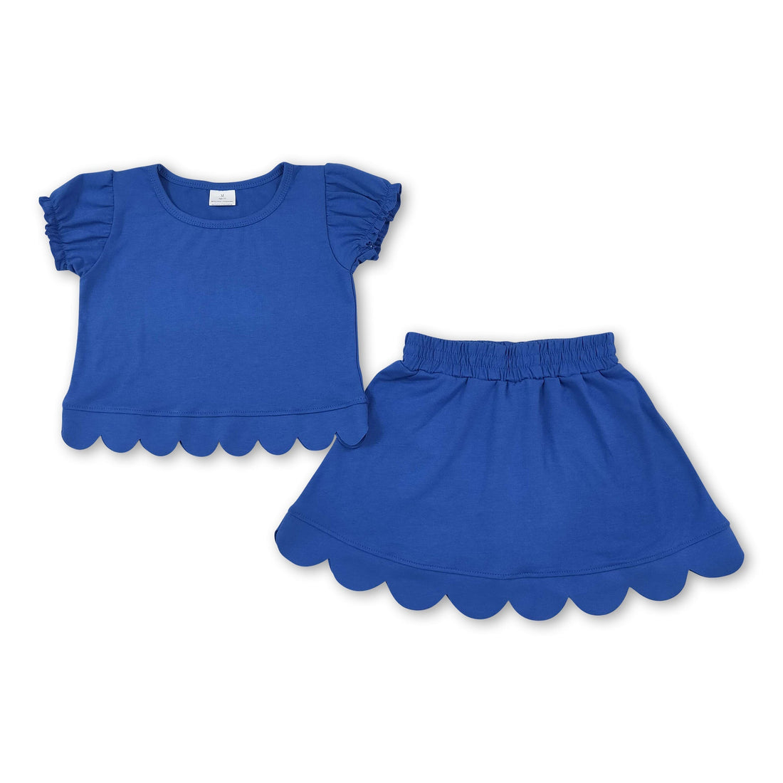 Blue girl short sleeves scallop top and skirt set by Mini Rodeo, summer outfit with a scalloped design and comfortable fit.