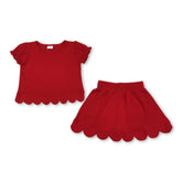 Red short sleeve scallop top and skirt set for girls, summer outfit by Mini Rodeo, featuring a stylish, comfortable design.