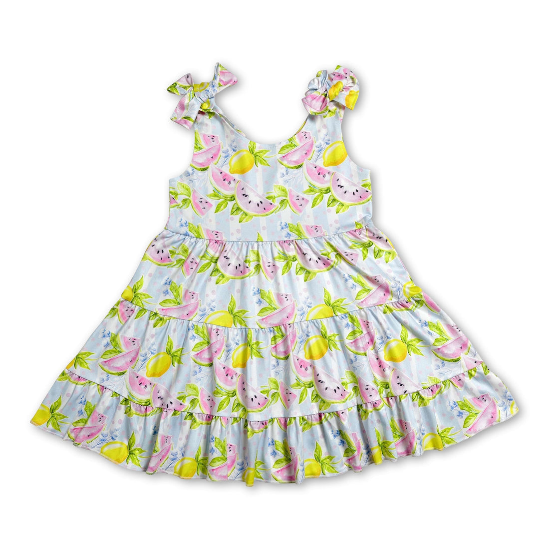 Mini Rodeo sleeveless kids girls summer dress with lemon and watermelon print, featuring a bright, cheerful design for warm weather.