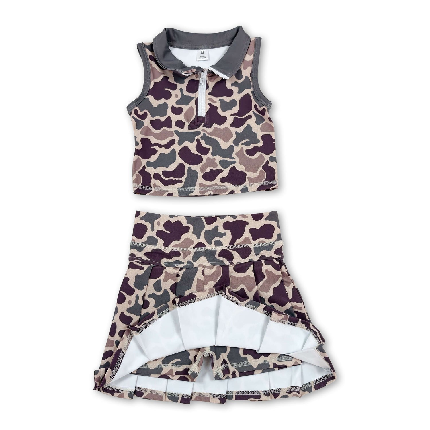 Sleeveless camo pullover pleated skirt girls active wear set
