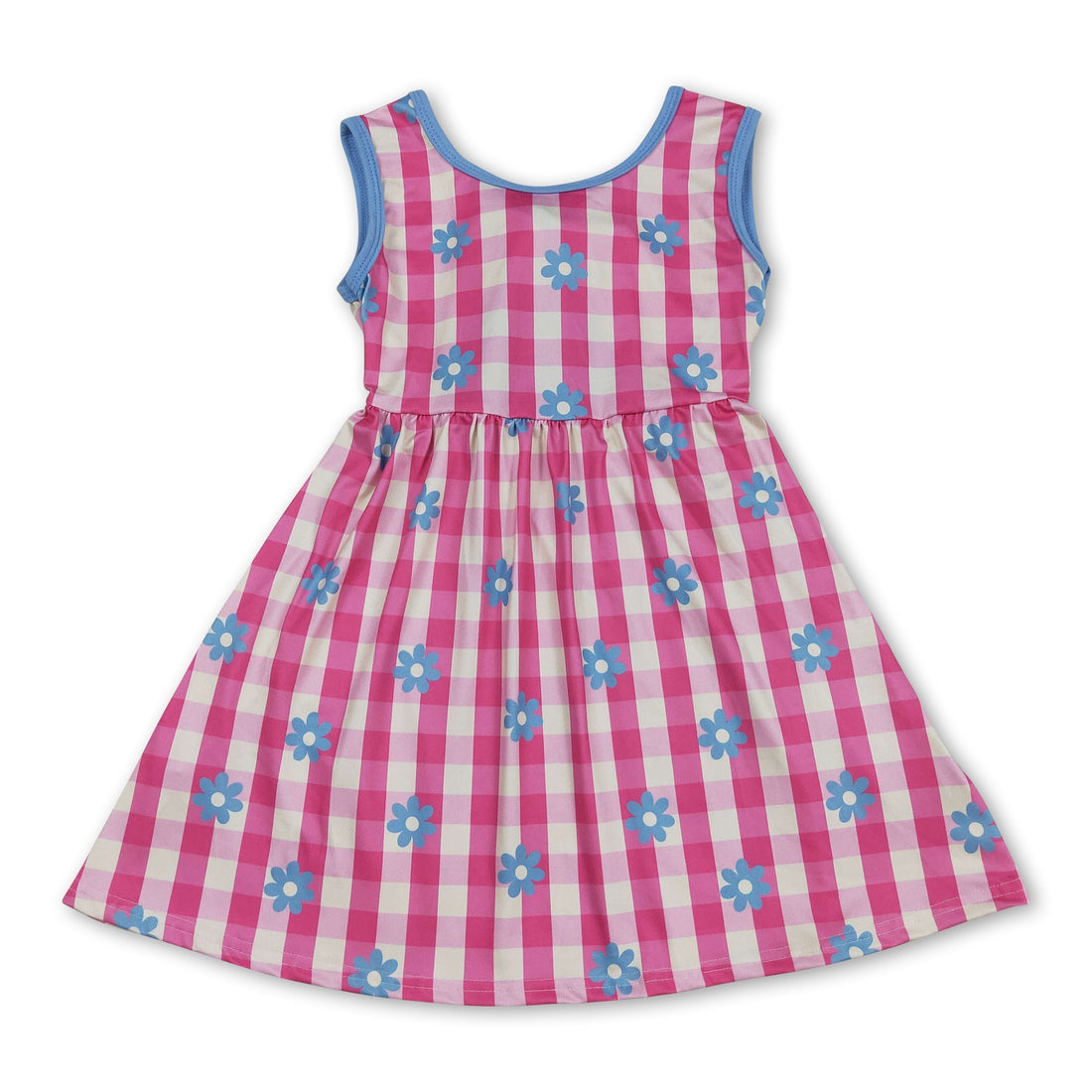 Hot pink plaid floral sleeveless kids girls dress by Mini Rodeo, short sleeve design with colorful floral pattern.