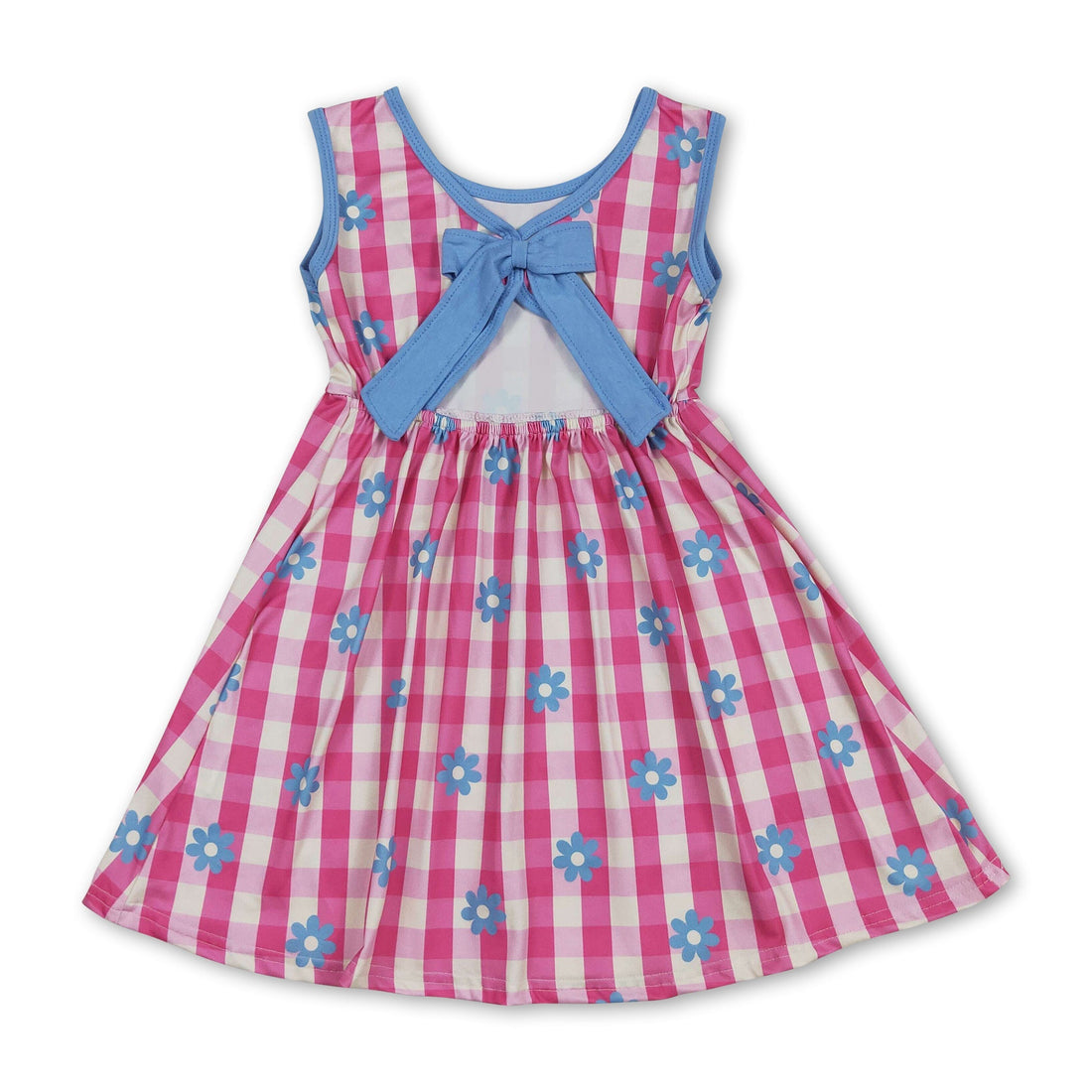 Hot pink plaid floral sleeveless kids girls dress by Mini Rodeo, featuring a short sleeve design with vibrant pattern and floral details.