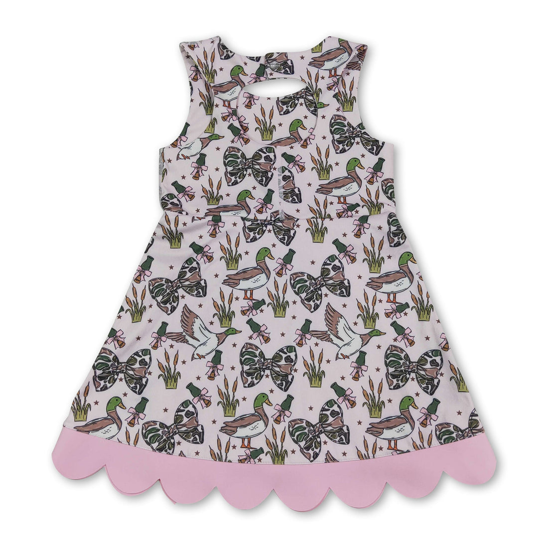 Sleeveless camo bow duck scallop kids girls athletic dress by Mini Rodeo, featuring short sleeves and a playful scalloped hem.