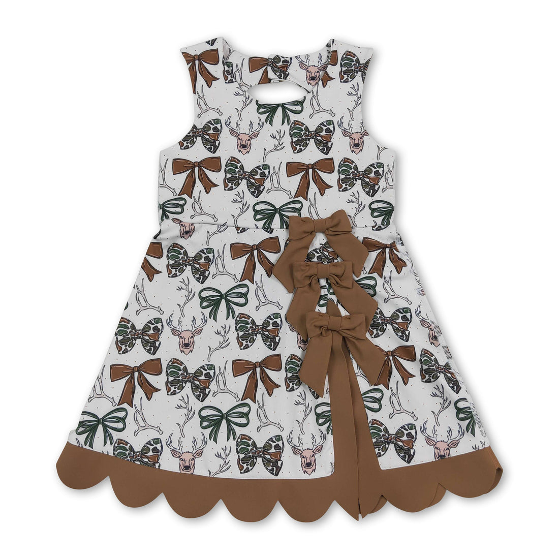 Sleeveless camo bow deer scallop kids girls athletic dress by Mini Rodeo, featuring short sleeves and playful scalloped hem.