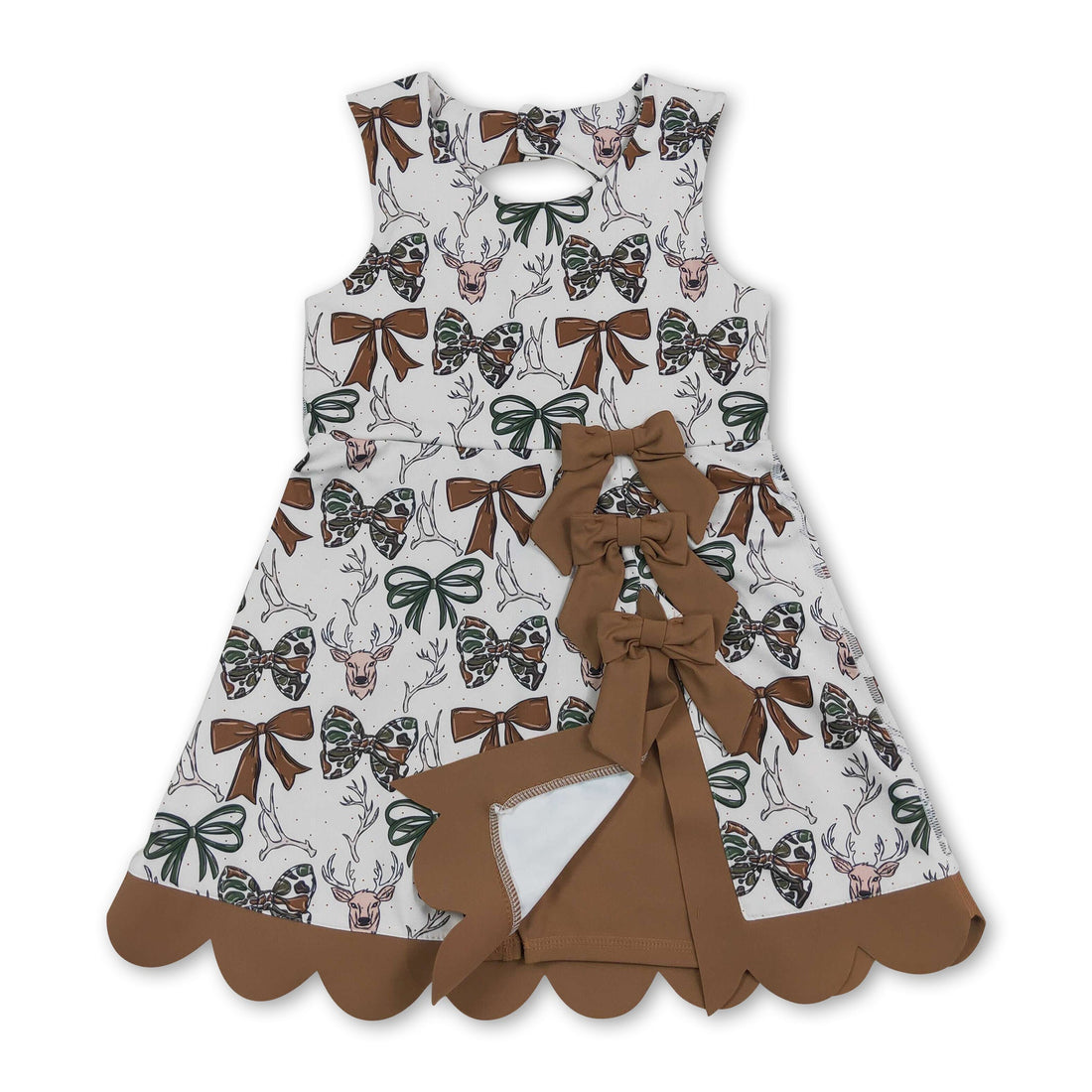 Mini Rodeo sleeveless camo bow deer scallop kids girls athletic dress, featuring short sleeves and playful design.