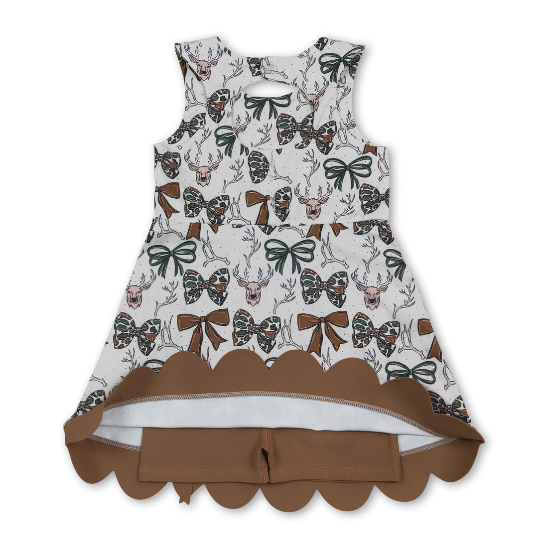 Kids girls sleeveless camo bow deer scallop athletic dress by Mini Rodeo, featuring a short sleeve design with playful scalloped hem.
