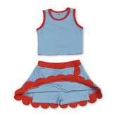 Light blue and orange scallop girl active wear set with sleeveless top and skirt from Mini Rodeo, perfect for active kids.