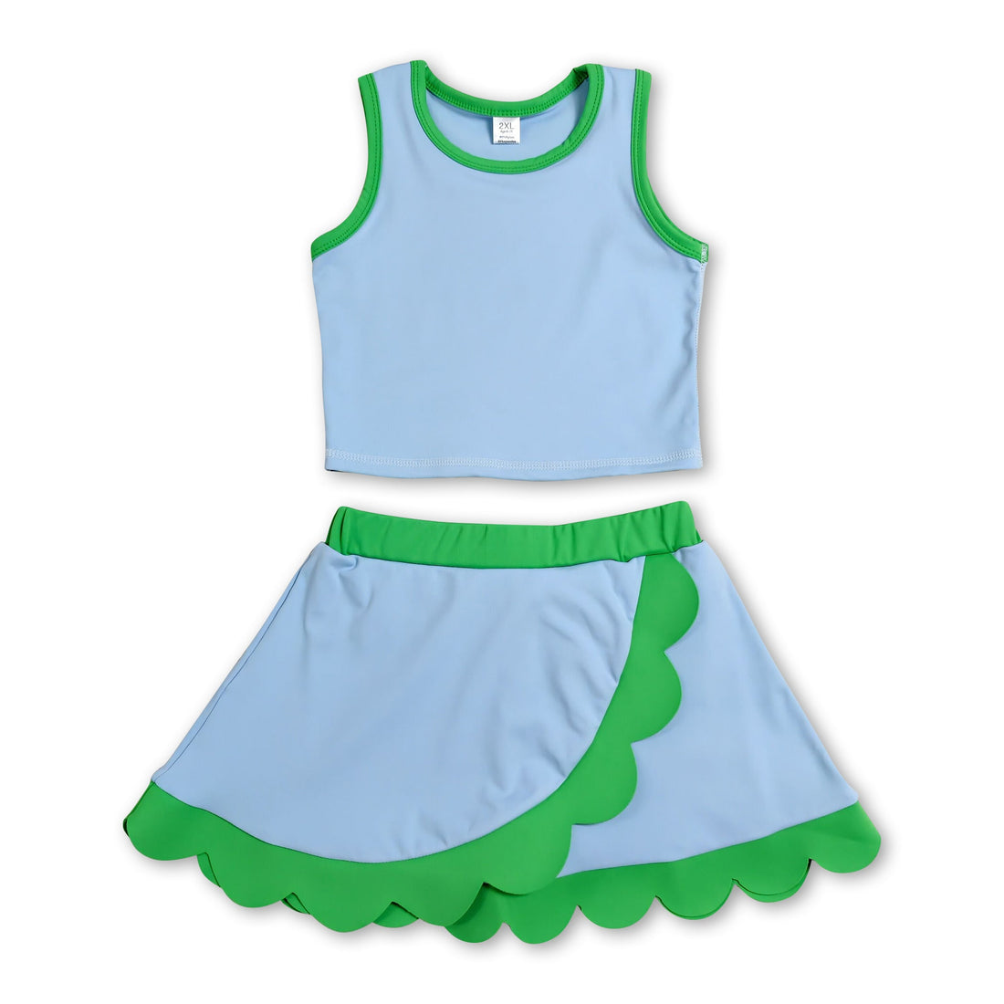 Light blue and green scallop girl active wear set with sleeveless top and skirt from Mini Rodeo for kids.
