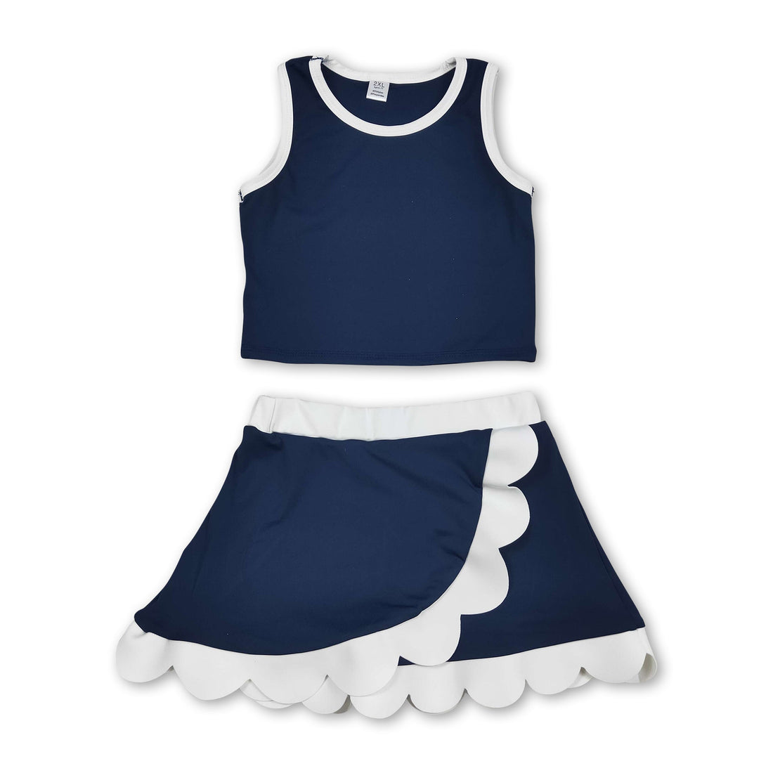 Sleeveless navy and white scallop girls&