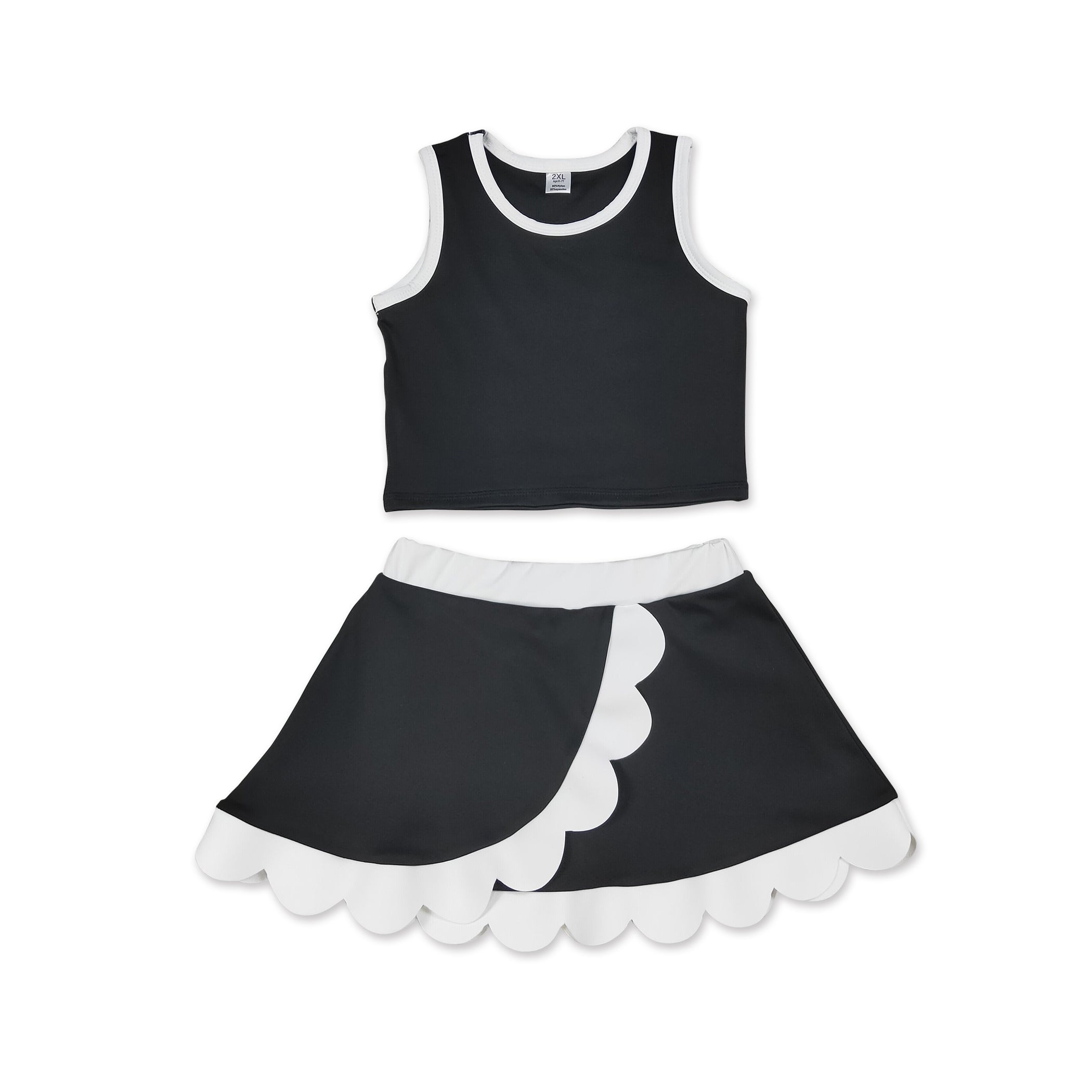 Sleeveless black white scallop kids girls active wear set