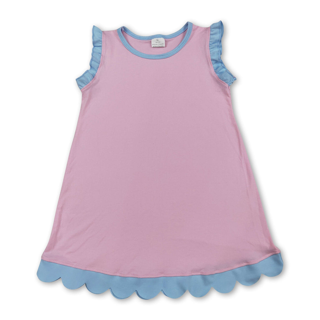 Light blue scallop ruffle sleeveless cotton dress for girls by Mini Rodeo, featuring short sleeves and a charming scalloped design.