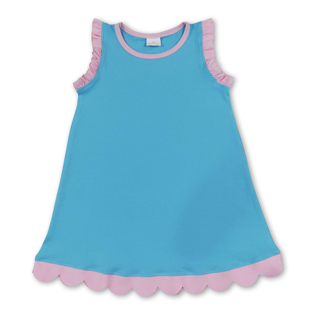 Pink scallop ruffle sleeveless cotton dress for girls by Mini Rodeo, featuring aqua color and short sleeve design.