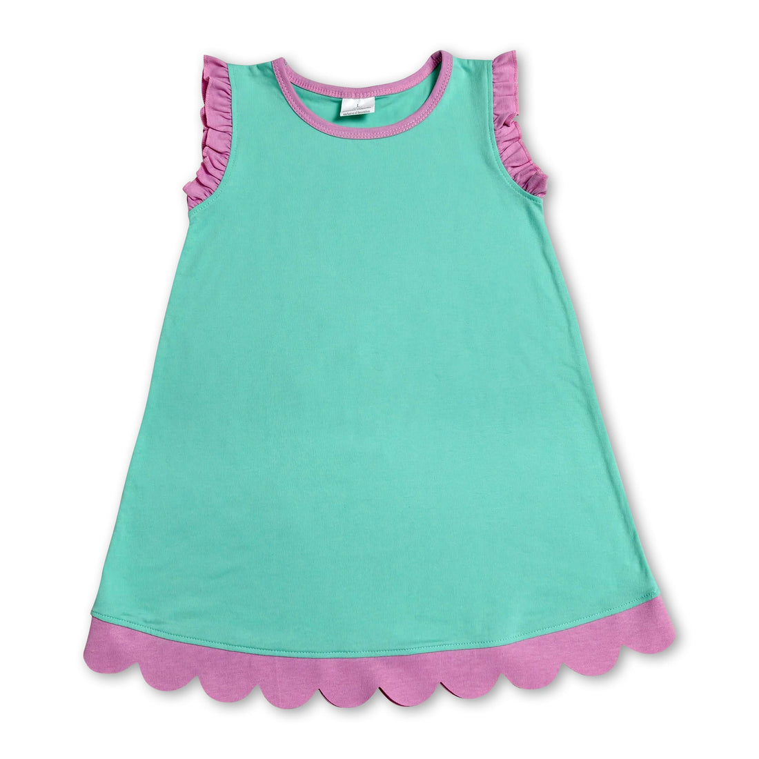 Pink scallop ruffle sleeveless cotton dress for girls by Mini Rodeo, featuring short sleeves and a charming mint color.