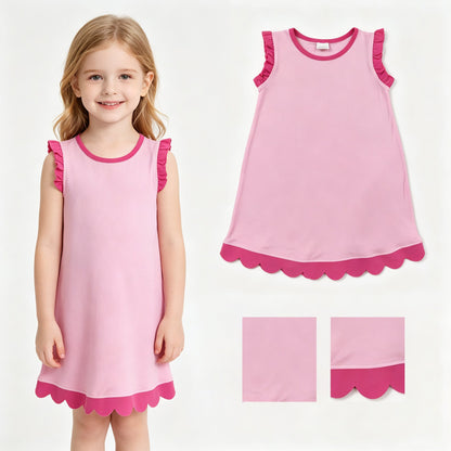 Pink scallop ruffle sleeveless kids girls cotton dress
