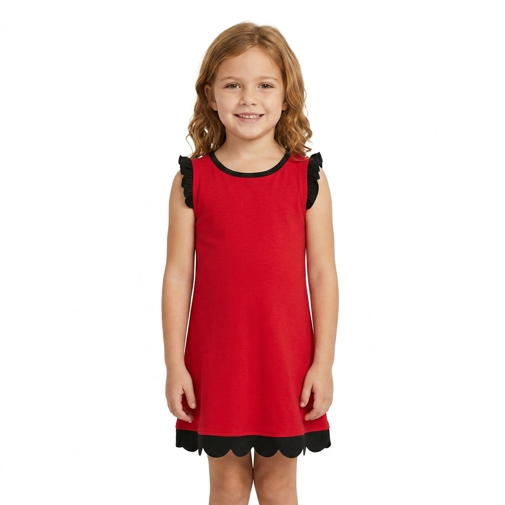 Black scallop ruffle sleeveless red girls cotton team dress