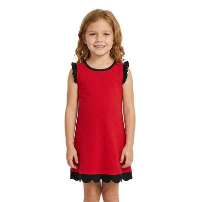 Black scallop ruffle sleeveless red girls cotton team dress