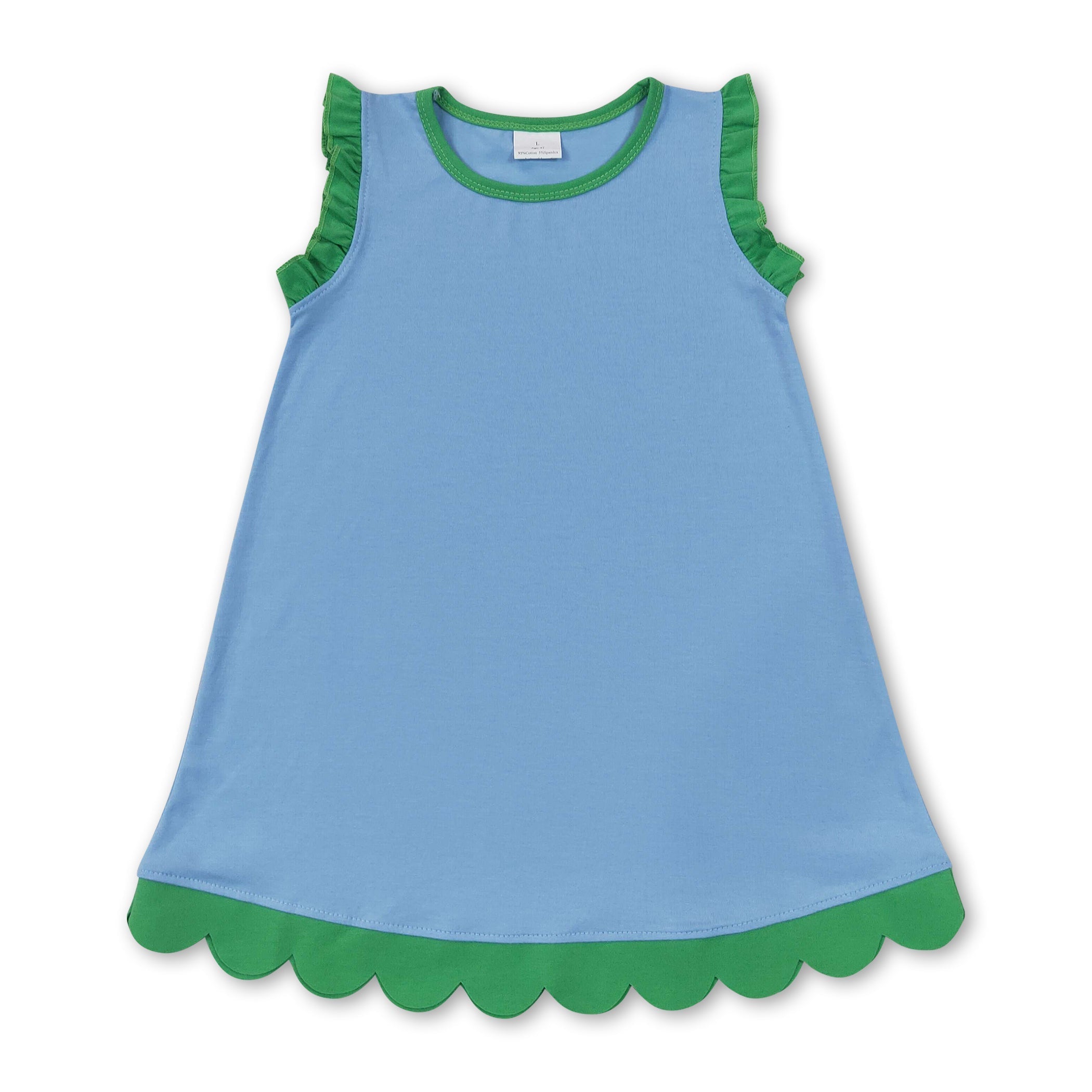 Green scallop ruffle sleeveless light blue girls cotton dress