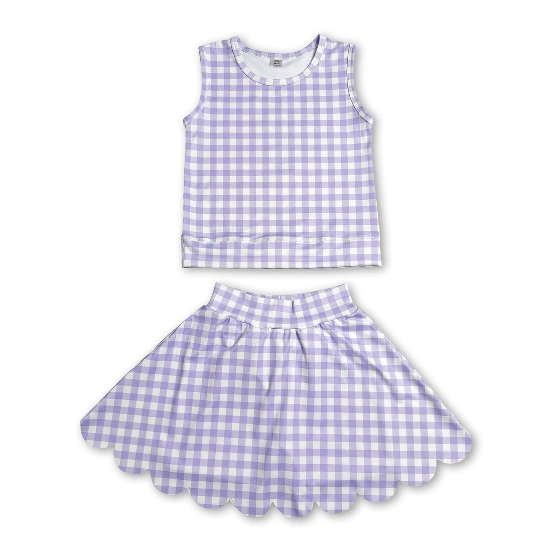 Lavender plaid sleeveless top and scallop skirt girl’s active set by Mini Rodeo, featuring short sleeves and coordinated design.