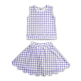 Lavender plaid sleeveless top and scallop skirt girl’s active set by Mini Rodeo, featuring short sleeves and coordinated design.